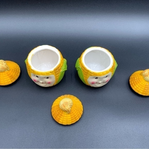 Set Of 2 Vintage Happy Corn Anthropomorphic Ceramic Lidded Jars w/1 Extra Lid - Picture 4 of 9